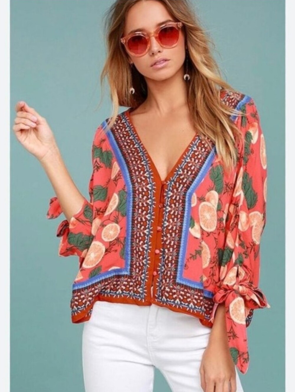 Free People Coral Citrus Floral V-Neck Tie-Sleeve Blouse